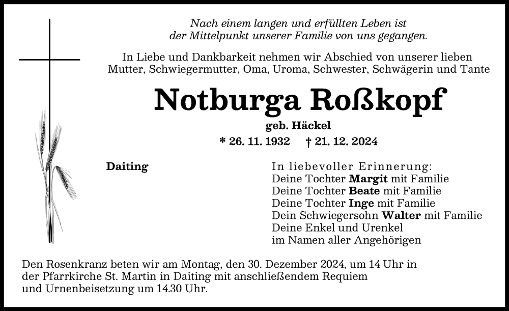 Traueranzeige von Notburga Roßkopf von Donauwörther Zeitung