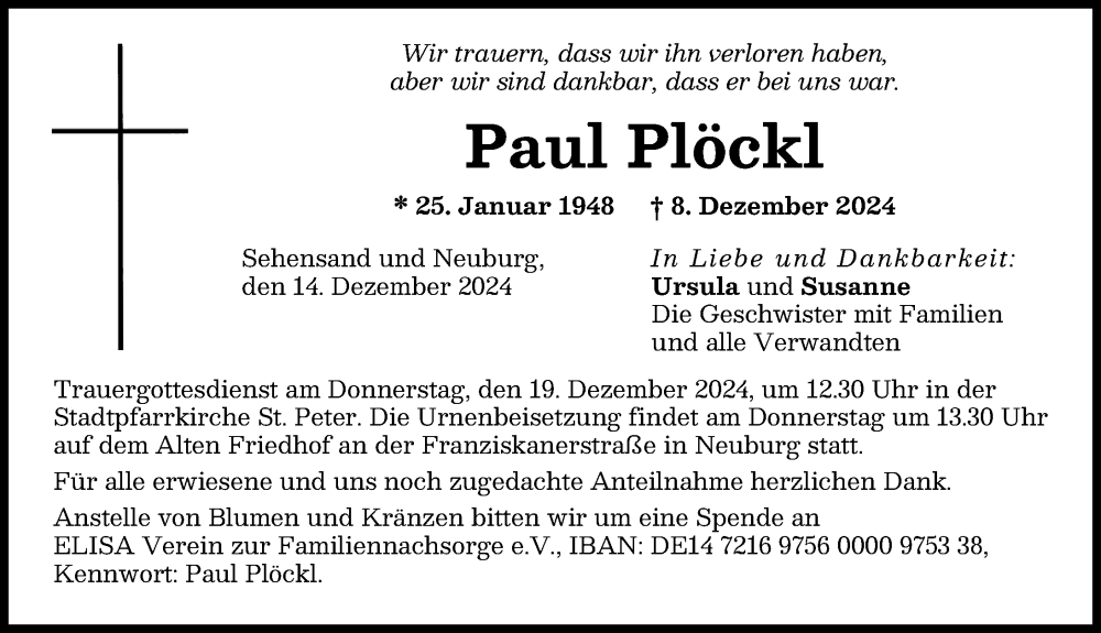 Traueranzeige von Paul Plöckl von Neuburger Rundschau