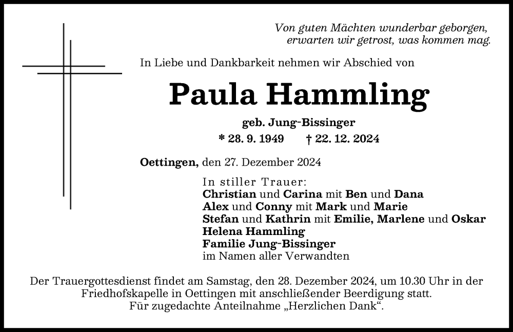 Traueranzeige von Paula Hammling von Rieser Nachrichten