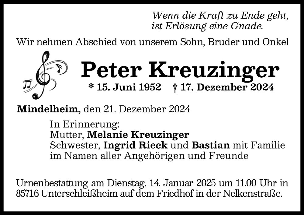 Traueranzeige von Peter Kreuzinger von Mindelheimer Zeitung