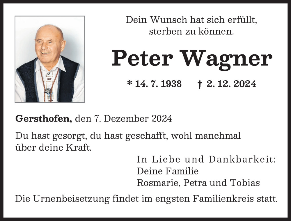 Traueranzeige von Peter Wagner von Augsburger Allgemeine