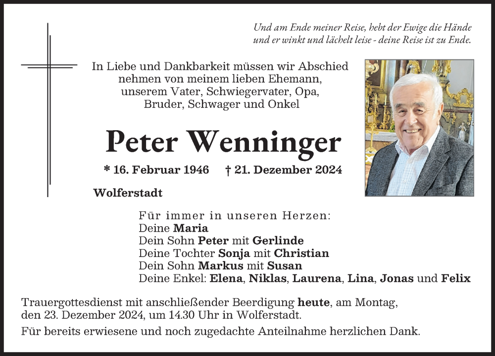 Traueranzeige von Peter Wenninger von Donauwörther Zeitung