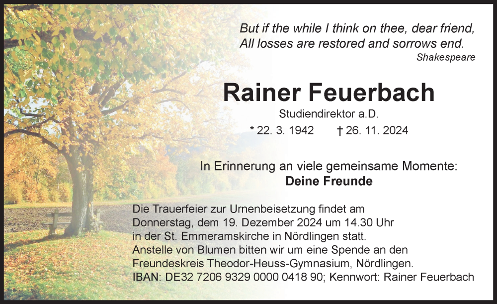 Traueranzeige von Rainer Feuerbach von Rieser Nachrichten