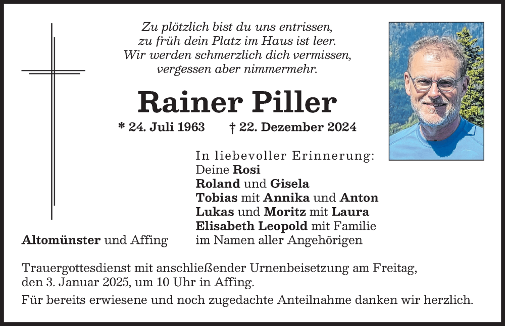 Traueranzeige von Rainer Piller von Aichacher Nachrichten