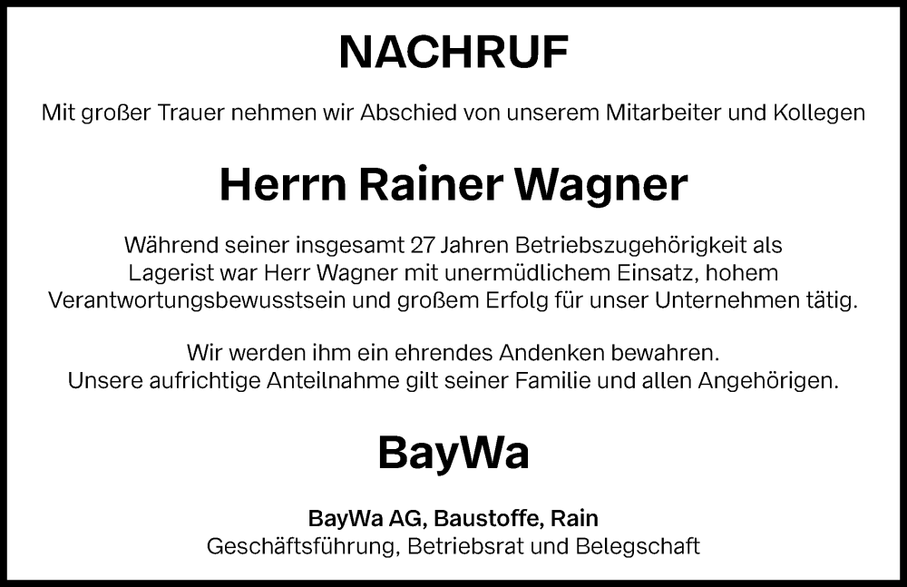 Traueranzeige von Rainer Wagner von Rieser Nachrichten