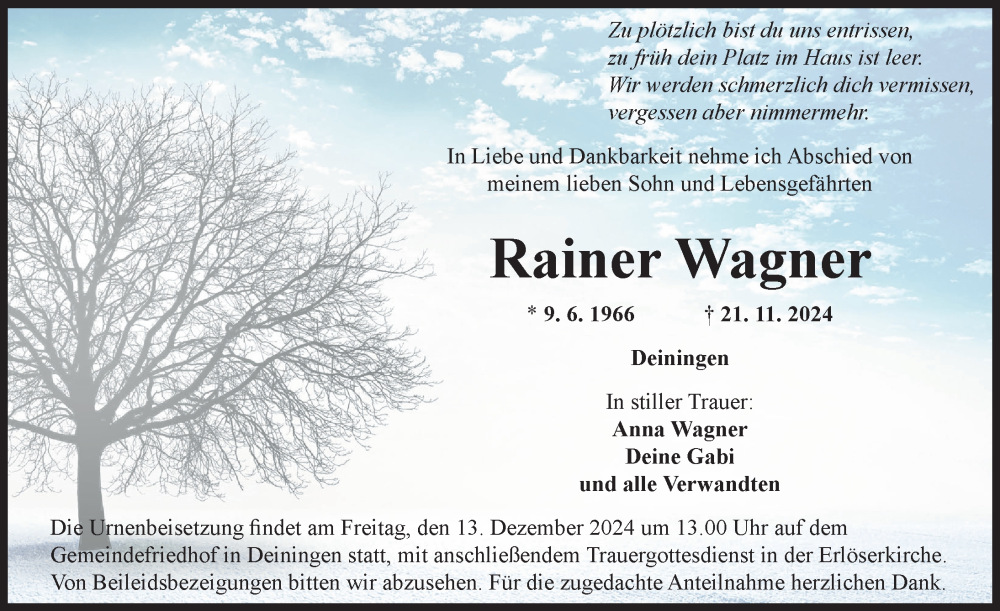 Traueranzeige von Rainer Wagner von Rieser Nachrichten