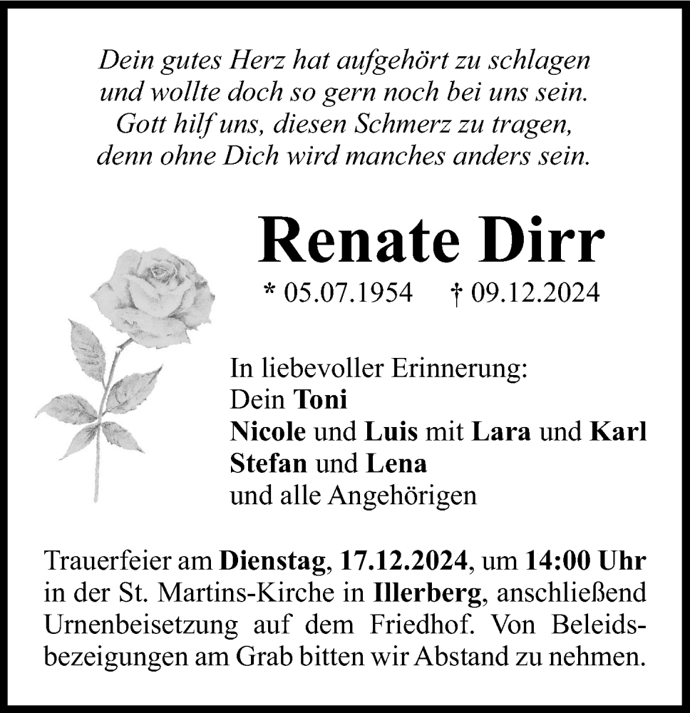 Traueranzeige von Renate Dirr von Neu-Ulmer Zeitung