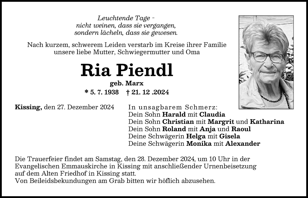 Traueranzeige von Ria Piendl von Friedberger Allgemeine