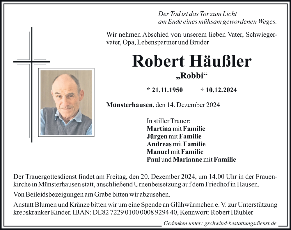 Traueranzeige von Robert Häußler von Mittelschwäbische Nachrichten