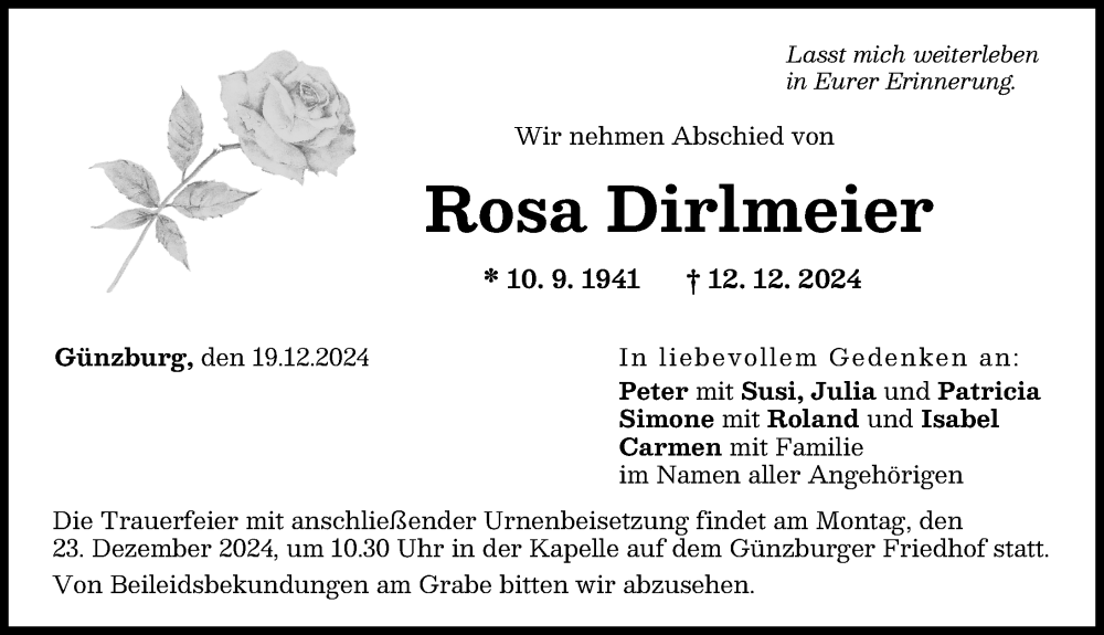 Traueranzeige von Rosa Dirlmeier von Günzburger Zeitung