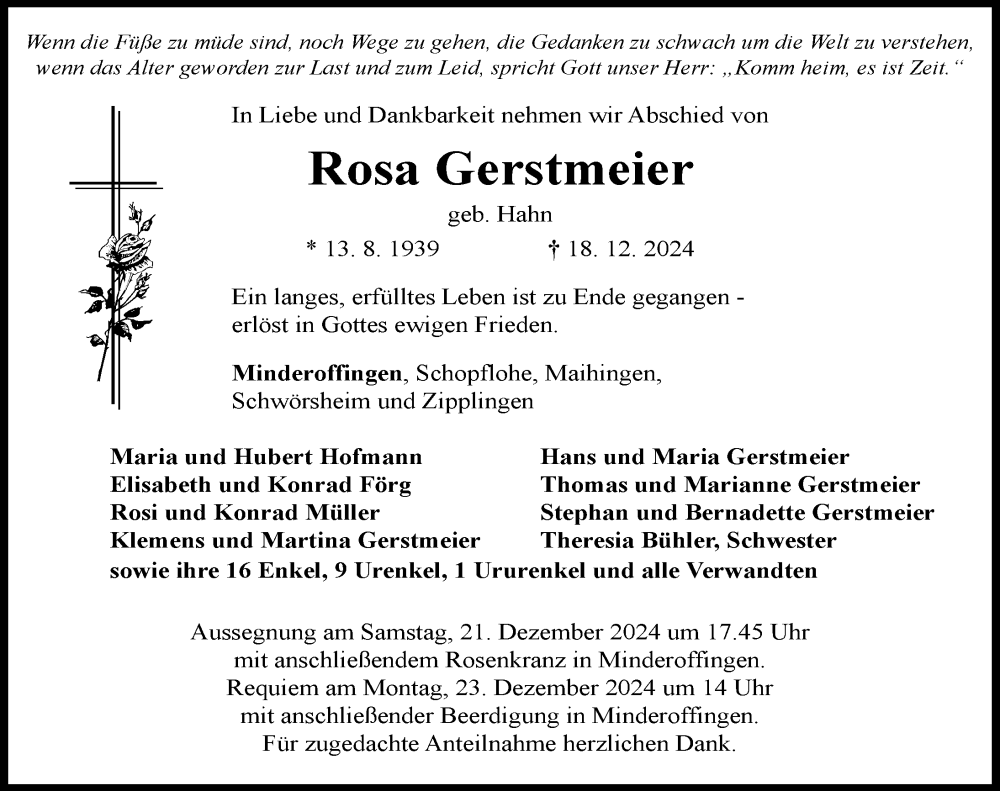 Traueranzeige von Rosa Gerstmeier von Rieser Nachrichten