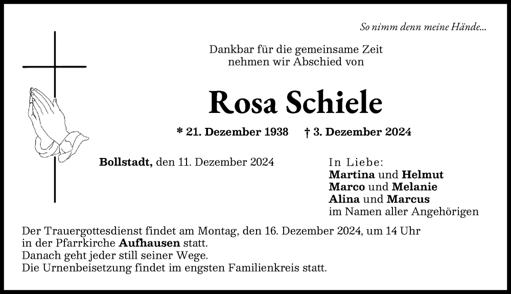 Traueranzeige von Rosa Schiele von Rieser Nachrichten