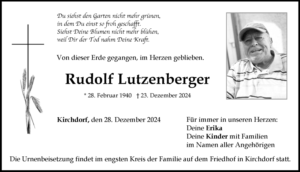 Traueranzeige von Rudolf Lutzenberger von Mindelheimer Zeitung