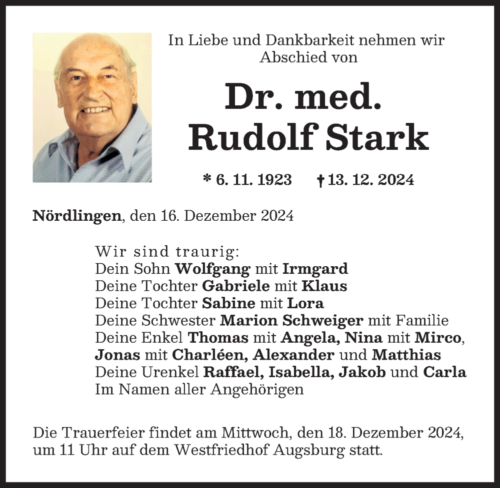 Traueranzeige von Rudolf Stark von Rieser Nachrichten, Augsburger Allgemeine