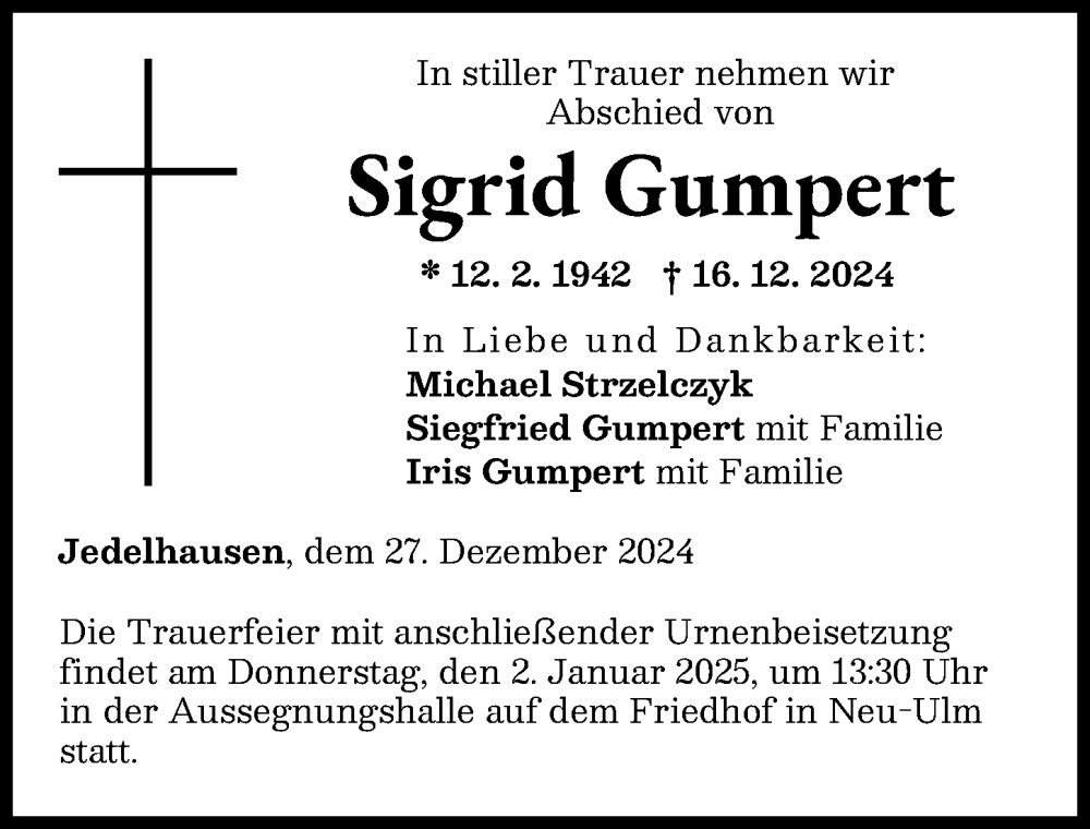 Traueranzeige von Sigrid Gumpert von Neu-Ulmer Zeitung