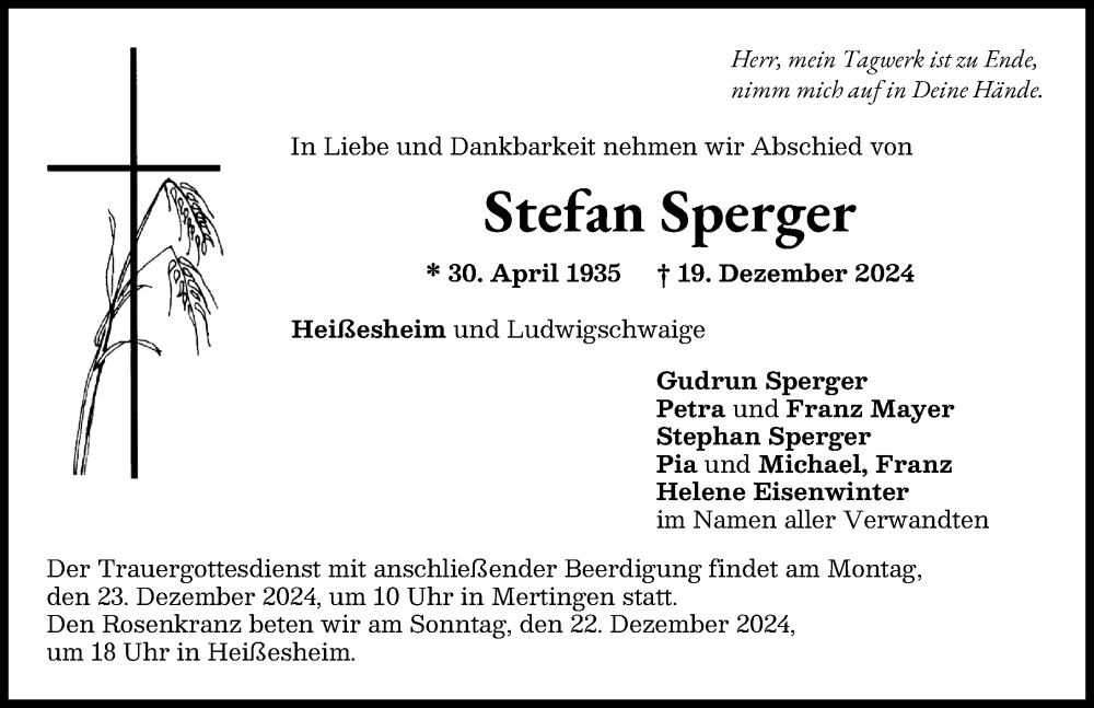 Traueranzeige von Stefan Sperger von Donauwörther Zeitung