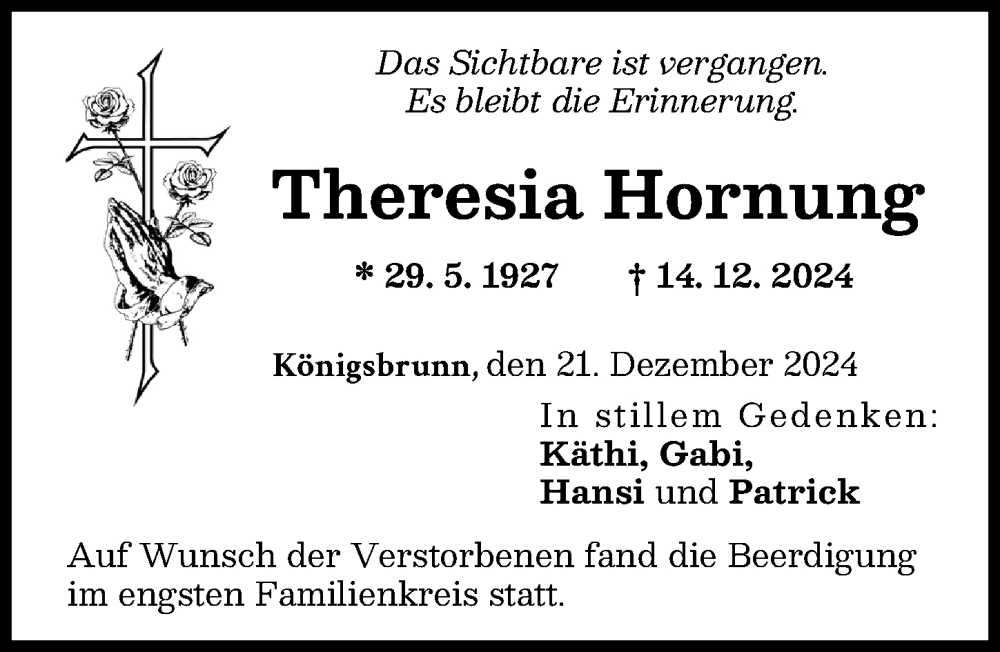 Traueranzeige von Theresia Hornung von Schwabmünchner Allgemeine