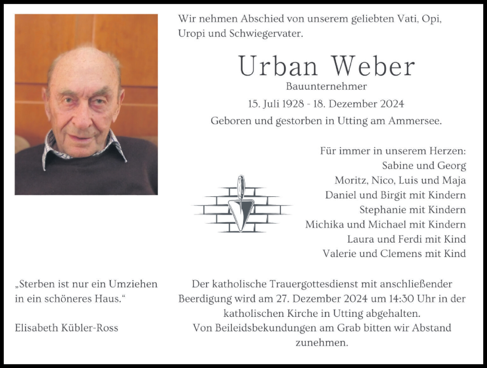 Traueranzeige von Urban Weber von Landsberger Tagblatt