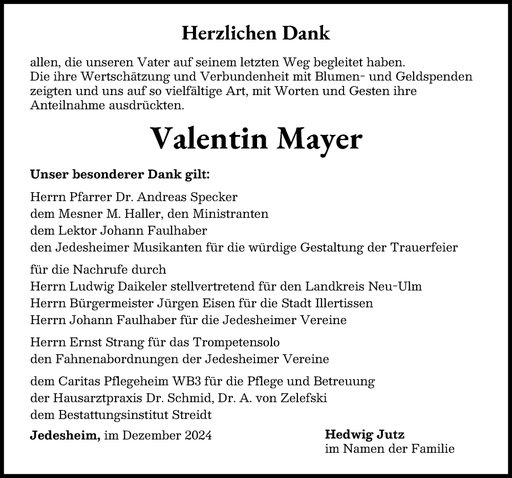 Traueranzeige von Valentin Mayer von Illertisser Zeitung