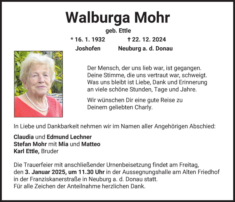 Traueranzeige von Walburga Mohr von Neuburger Rundschau