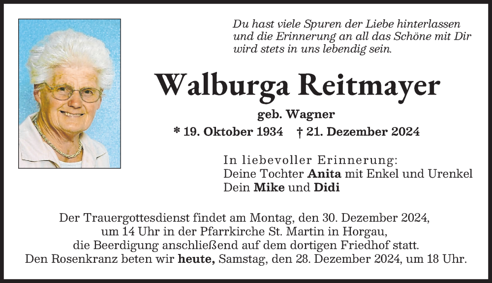 Traueranzeige von Walburga Reitmayer von Augsburg-Land