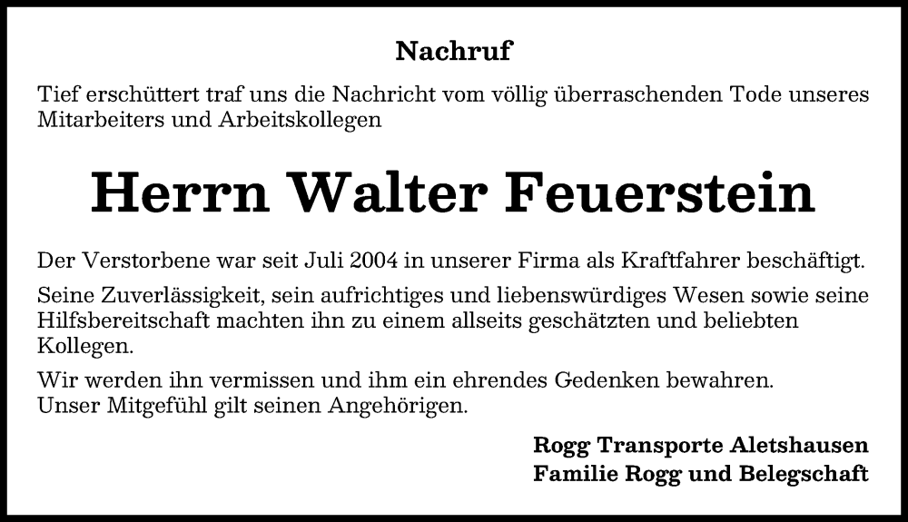 Traueranzeige von Walter Feuerstein von Mindelheimer Zeitung