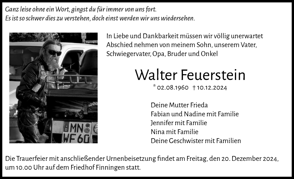 Traueranzeige von Walter Feuerstein von Neu-Ulmer Zeitung