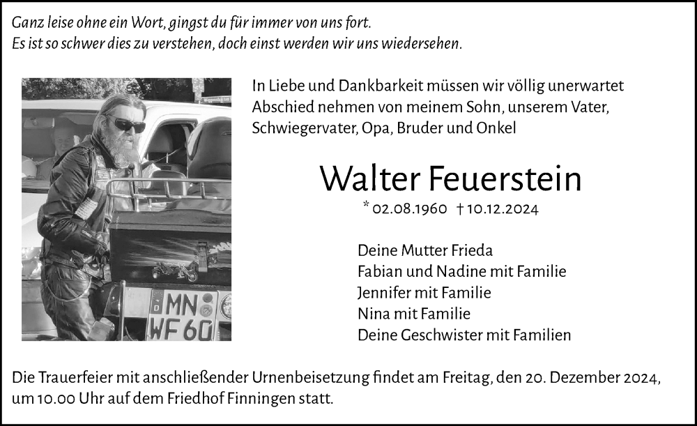 Traueranzeige von Walter Feuerstein von Mindelheimer Zeitung