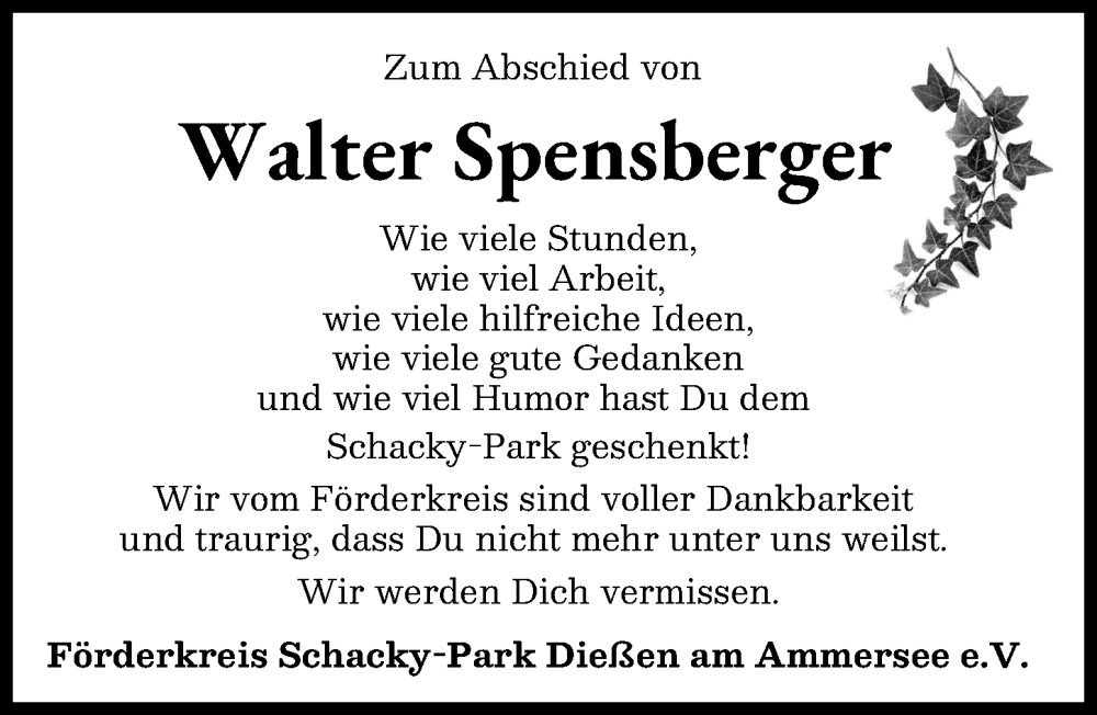 Traueranzeige von Walter Spensberger von Ammersee Kurier