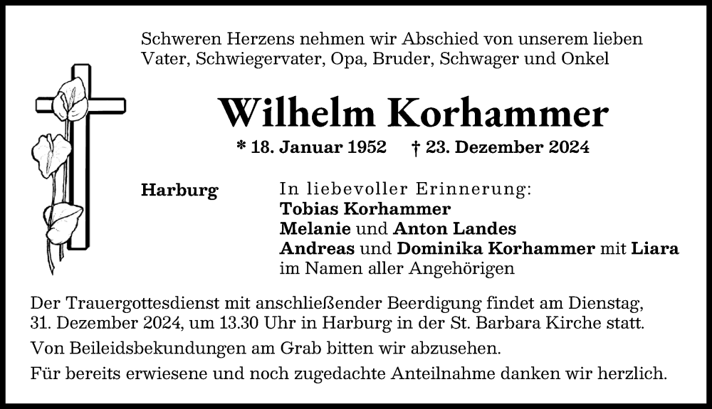 Traueranzeige von Wilhelm Korhammer von Donauwörther Zeitung