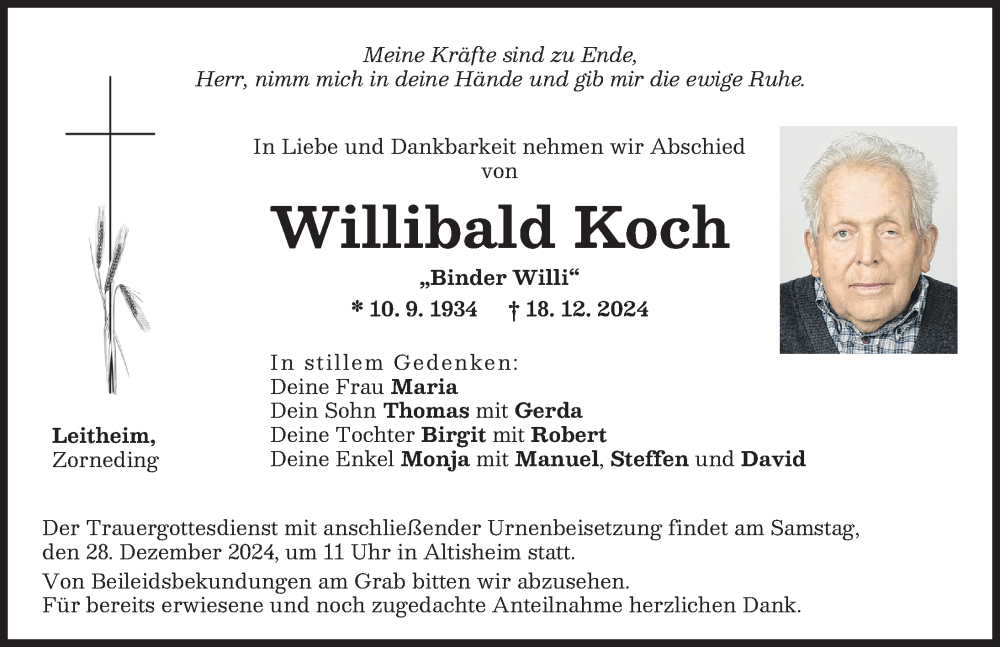 Traueranzeige von Willibald Koch von Donauwörther Zeitung