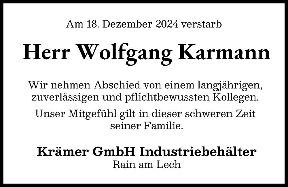 Traueranzeige von Wolfgang Karmann von Donauwörther Zeitung