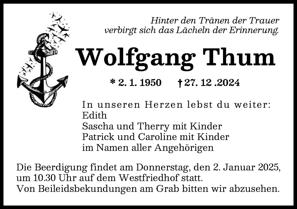 Traueranzeige von Wolfgang Thum von Augsburger Allgemeine