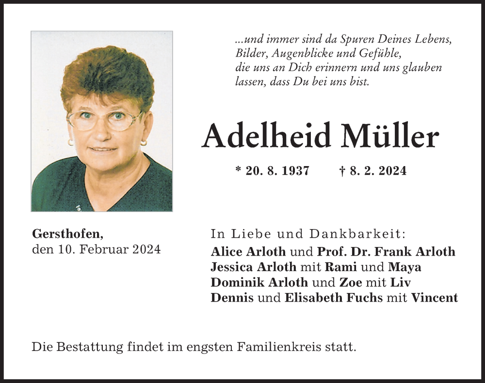  Traueranzeige für Adelheid Müller vom 10.02.2024 aus Augsburg-Land