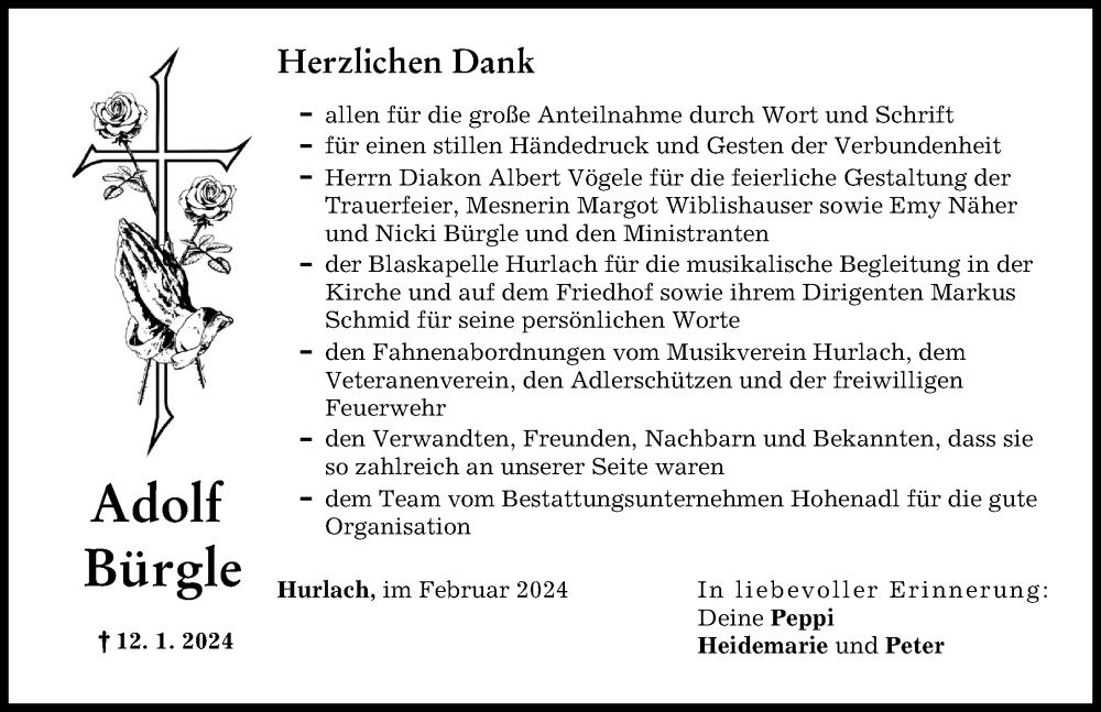 Traueranzeige von Adolf Bürgle von Landsberger Tagblatt