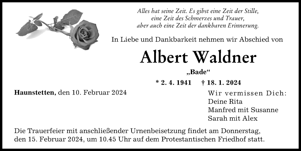 Traueranzeige von Albert Waldner von Augsburger Allgemeine