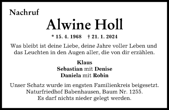 Traueranzeigen Von Alwine Holl 