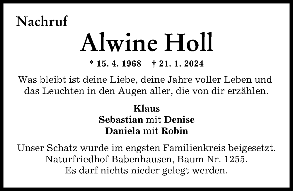  Traueranzeige für Alwine Holl vom 26.02.2024 aus Illertisser Zeitung