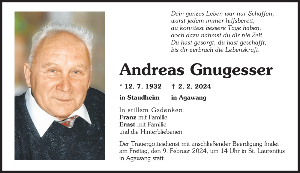 Traueranzeige von Andreas Gnugesser von Neuburger Rundschau, Donauwörther Zeitung, Augsburg-Land