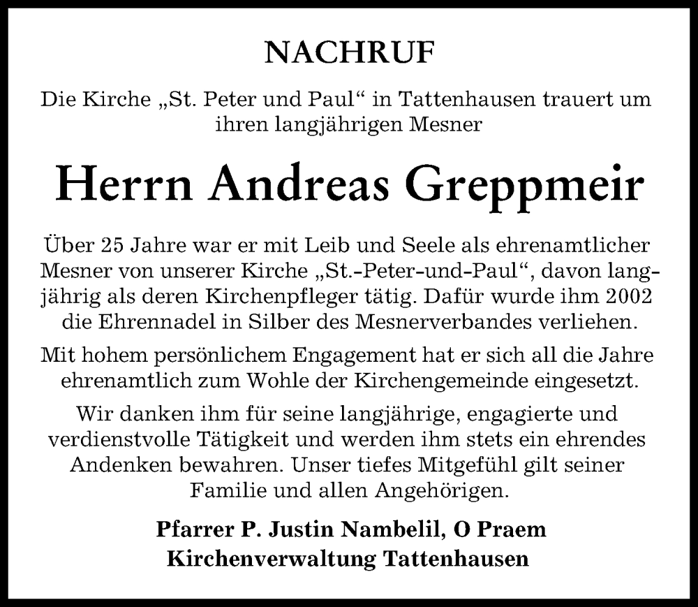 Traueranzeige von Andreas Greppmeir von Friedberger Allgemeine, Aichacher Nachrichten