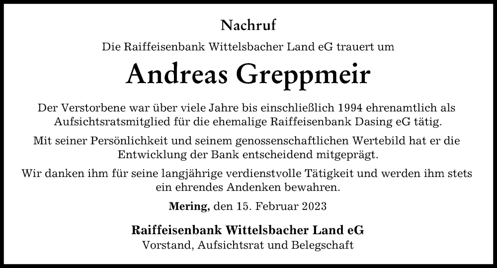Traueranzeige von Andreas Greppmeir von Aichacher Nachrichten, Friedberger Allgemeine