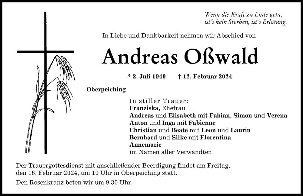 Traueranzeigen Von Andreas O Wald Augsburger Allgemeine Zeitung