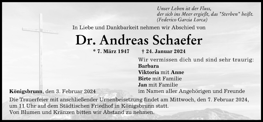 Traueranzeige von Andreas Schaefer von Augsburger Allgemeine