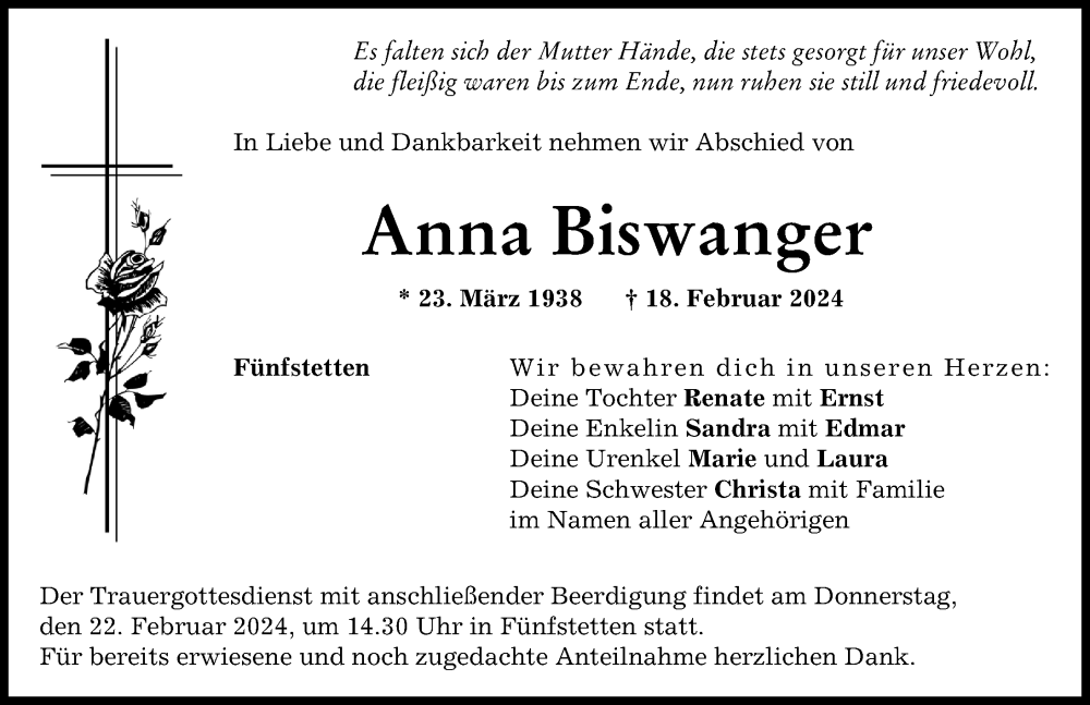 Traueranzeige von Anna Biswanger von Donauwörther Zeitung