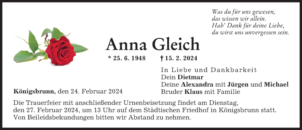 Traueranzeige von Anna Gleich von Schwabmünchner Allgemeine