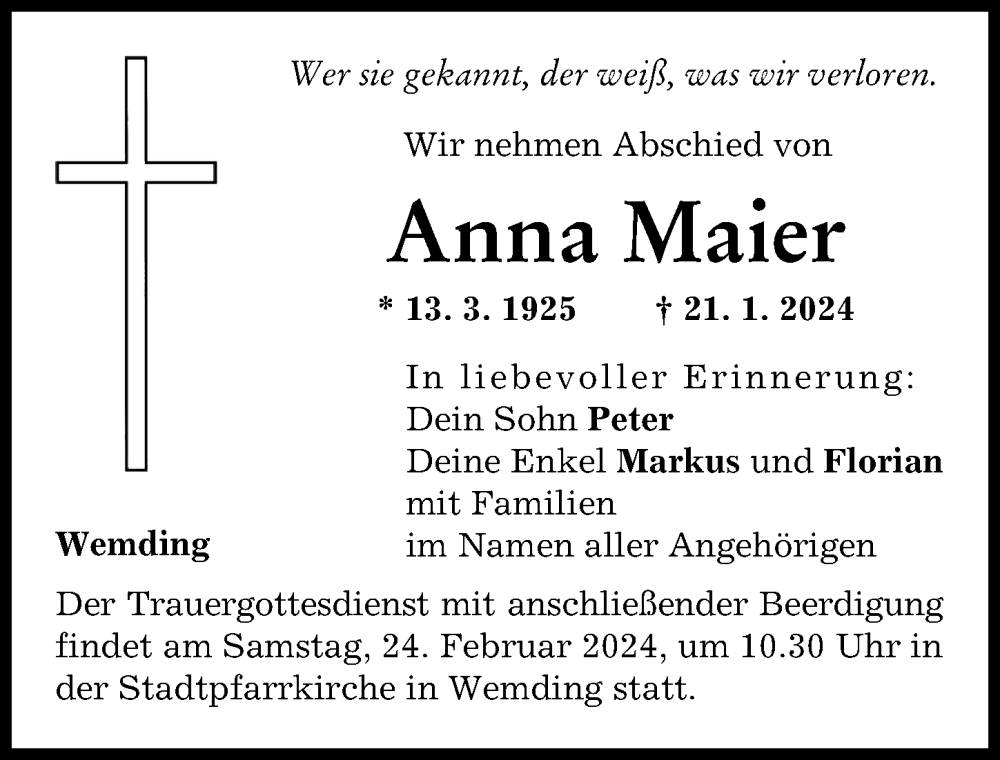 Traueranzeige von Anna Maier von Donauwörther Zeitung