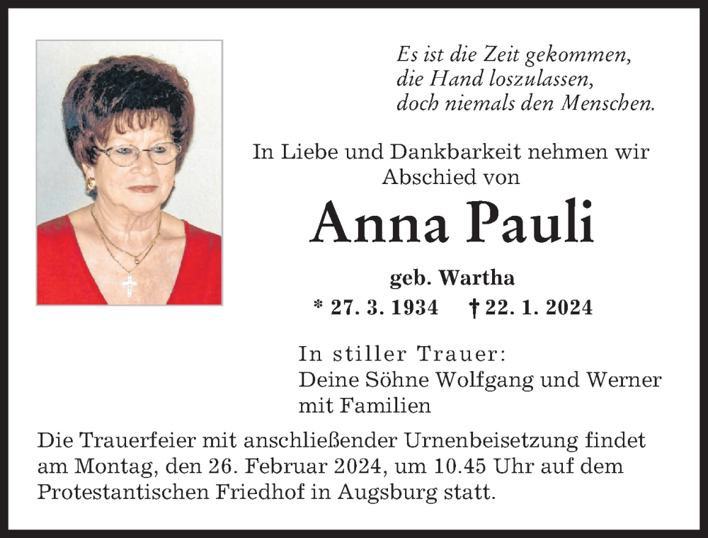 Traueranzeige von Anna Pauli von Augsburger Allgemeine