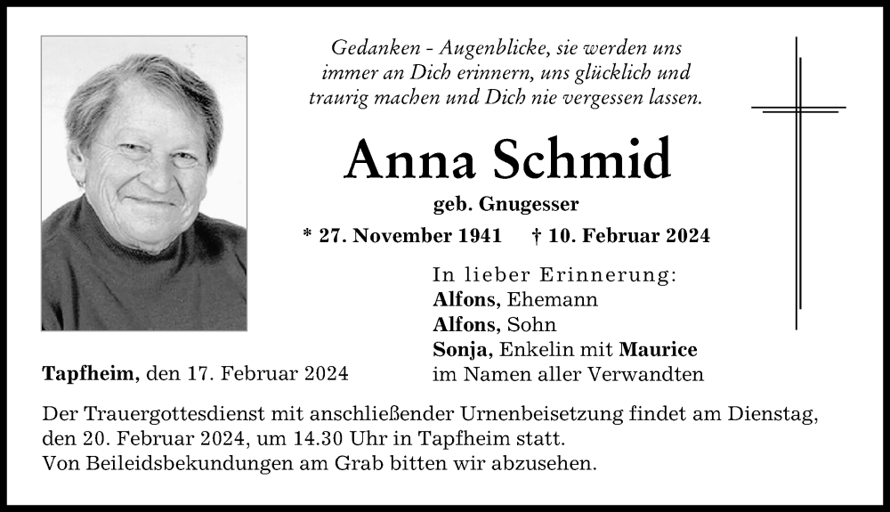 Traueranzeige von Anna Schmid von Donauwörther Zeitung