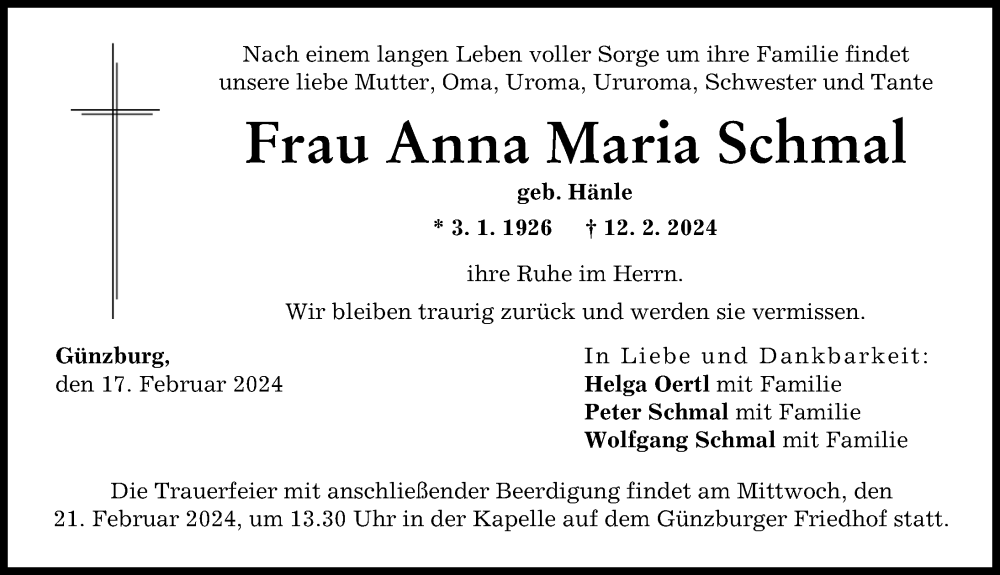 Traueranzeige von Anna Maria Schmal von Günzburger Zeitung