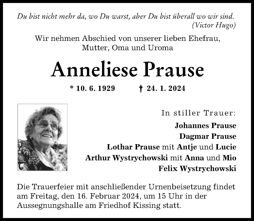 Traueranzeige von Anneliese Prause von Friedberger Allgemeine